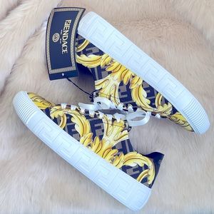 Fendace Fendi Versace Black Gold Baroque Tessuto Men’s Women’s Sneaker